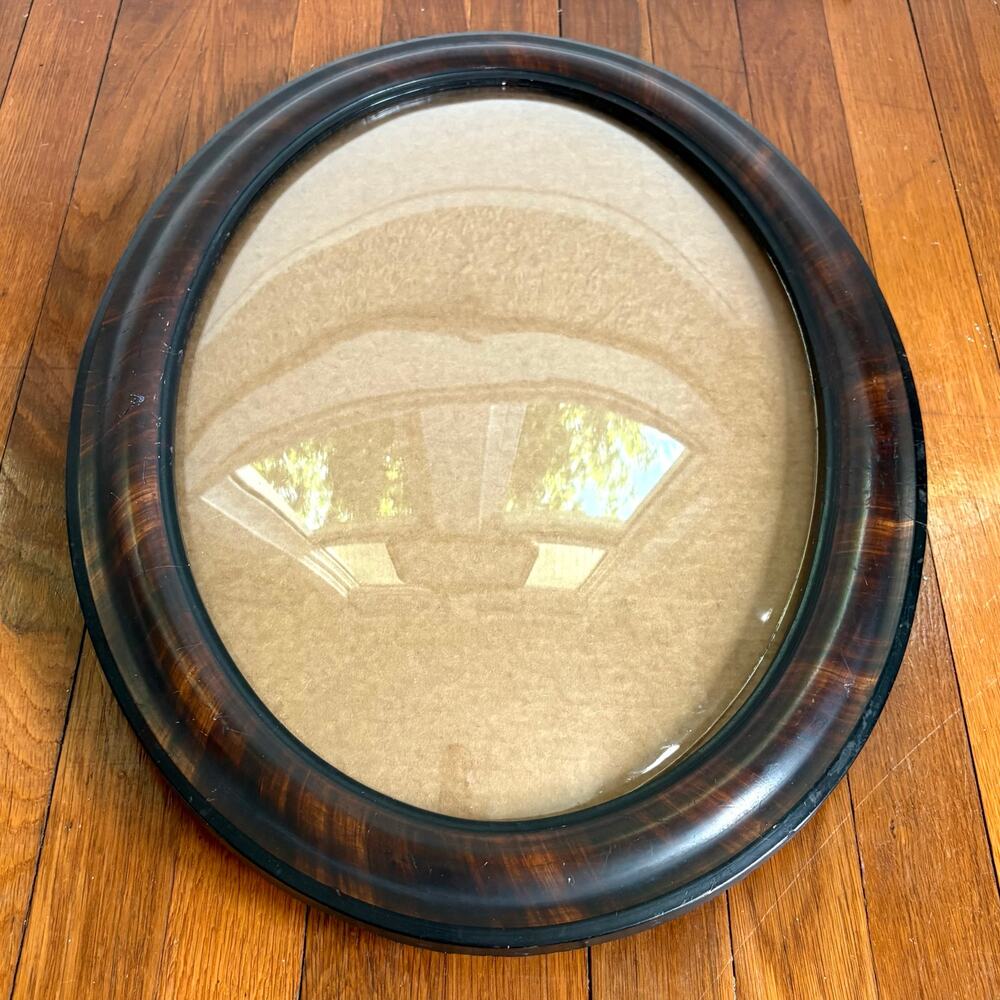 Antique Oval Convex Bubble Glass Picture Frame Faux Tiger Oak